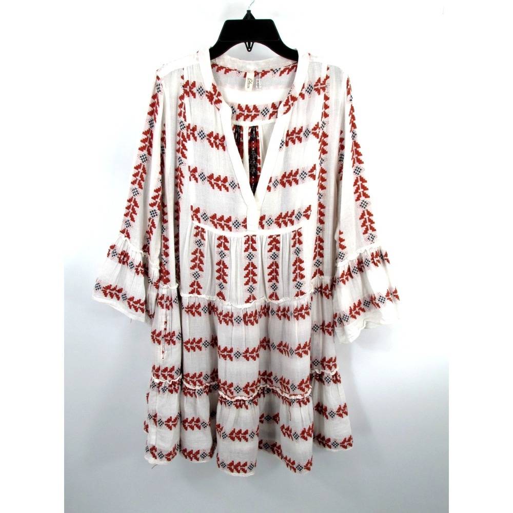 ELAN Midi Peasant Dress Womens M Ivory Cotton Southwest Embroidered CNE5570